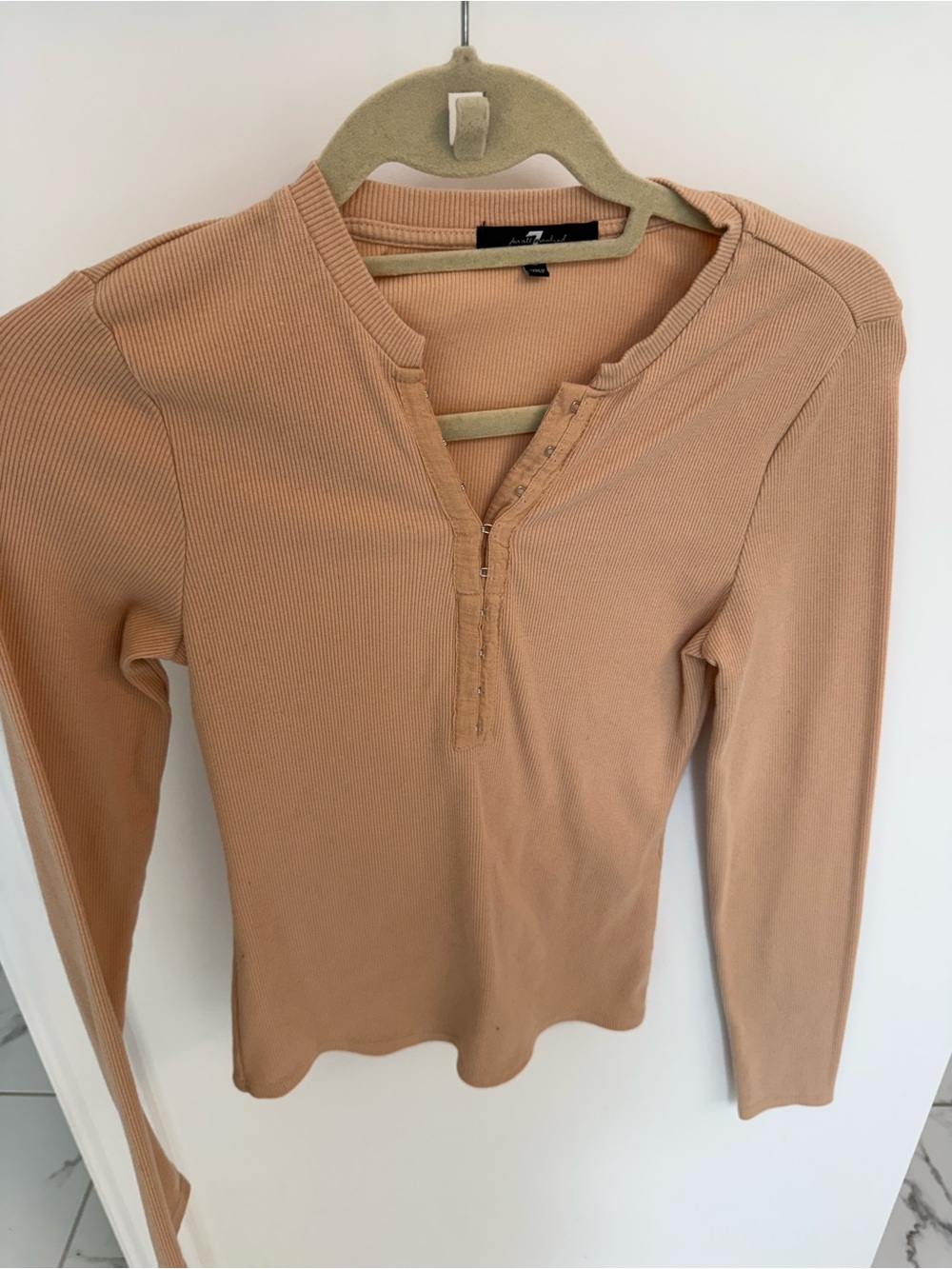 7 For All Mankind Ribbed Long Sleeve Henley Top in Tan